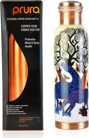 Pure Printed Copper Water Bottle - Leak Proof Ayurvedic Drinkware Copper Vessel for Sports, Gym, Outdoors, Yoga, Health Benefits (32 oz)