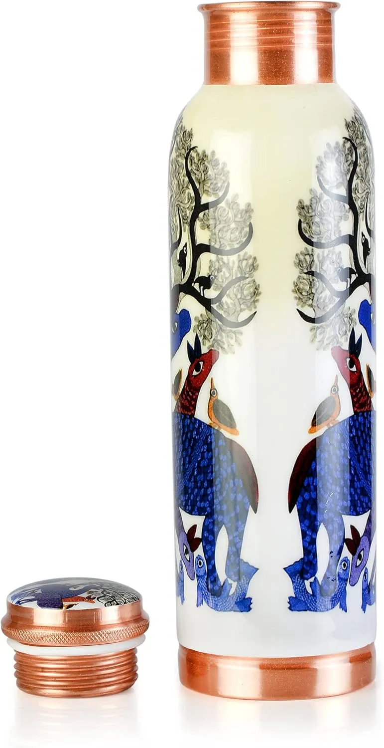 Pure Printed Copper Water Bottle - Leak Proof Ayurvedic Drinkware Copper Vessel for Sports, Gym, Outdoors, Yoga, Health Benefits (32 oz)