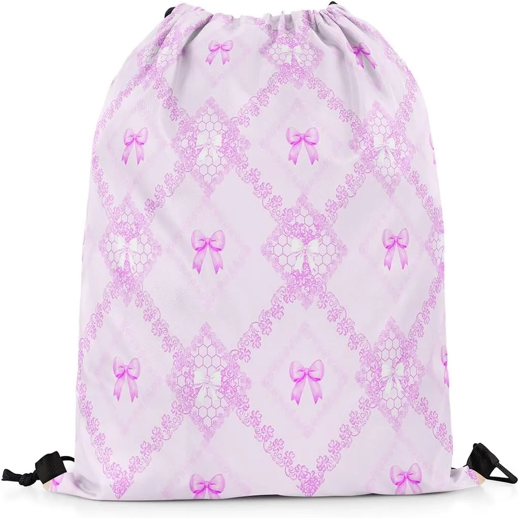 Purple Bowknots Drawstring Backpack,Princess Lace Bow Western Mandala Floral Drawstring Bags Shoulder Bag,Dreamy Purple Grids Diamonds Patchwork Draw String Bag for Picnic Gym Sport Travel