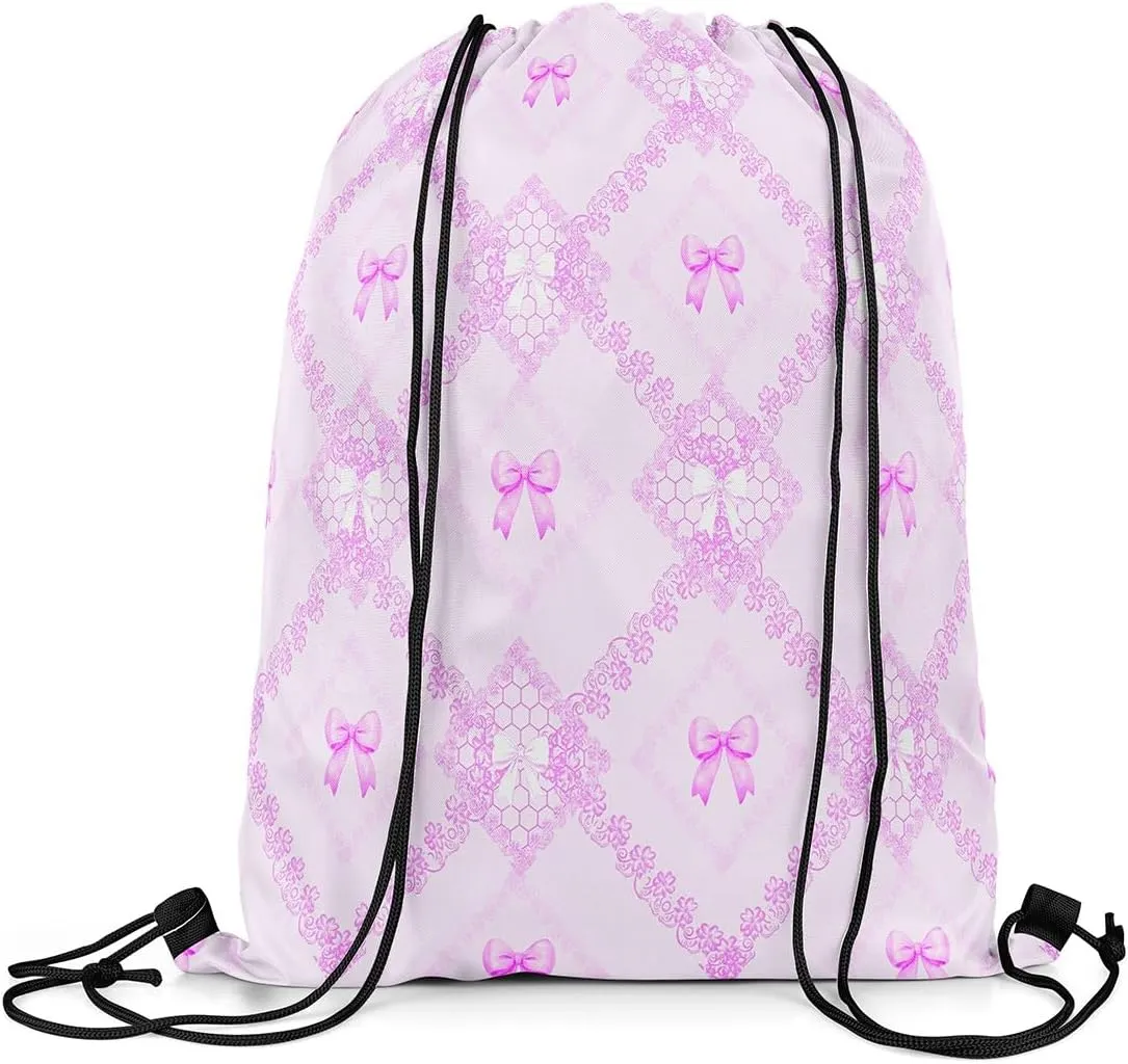 Purple Bowknots Drawstring Backpack,Princess Lace Bow Western Mandala Floral Drawstring Bags Shoulder Bag,Dreamy Purple Grids Diamonds Patchwork Draw String Bag for Picnic Gym Sport Travel