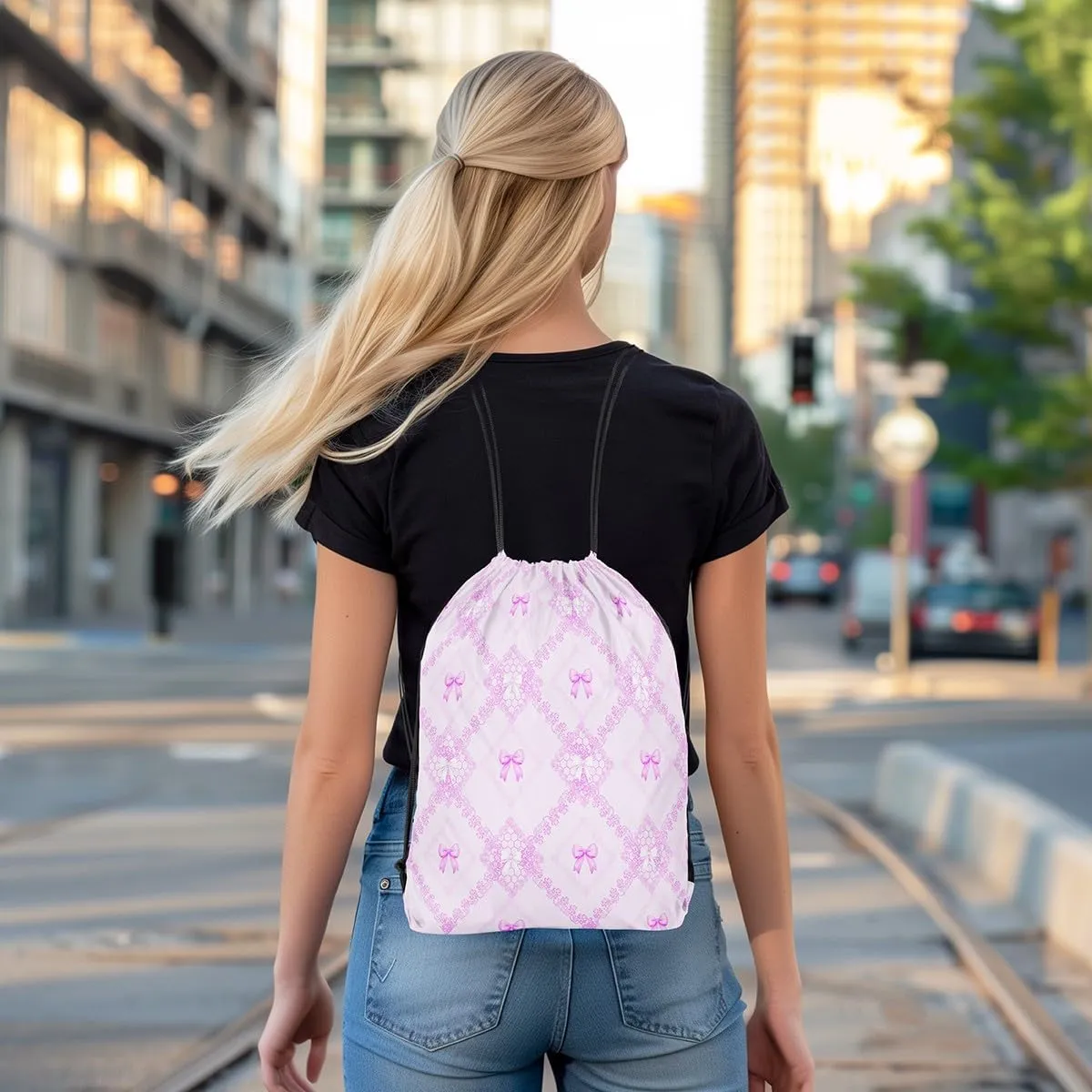 Purple Bowknots Drawstring Backpack,Princess Lace Bow Western Mandala Floral Drawstring Bags Shoulder Bag,Dreamy Purple Grids Diamonds Patchwork Draw String Bag for Picnic Gym Sport Travel