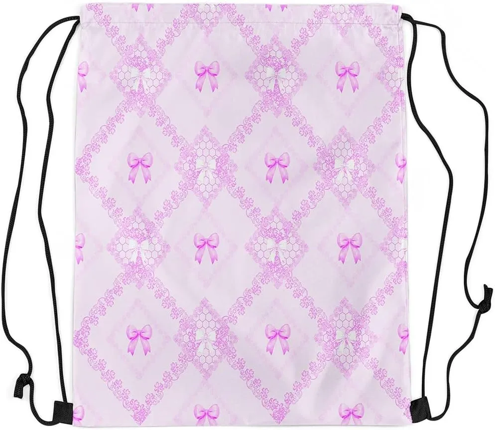 Purple Bowknots Drawstring Backpack,Princess Lace Bow Western Mandala Floral Drawstring Bags Shoulder Bag,Dreamy Purple Grids Diamonds Patchwork Draw String Bag for Picnic Gym Sport Travel