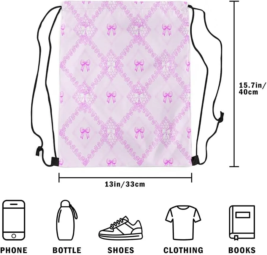 Purple Bowknots Drawstring Backpack,Princess Lace Bow Western Mandala Floral Drawstring Bags Shoulder Bag,Dreamy Purple Grids Diamonds Patchwork Draw String Bag for Picnic Gym Sport Travel