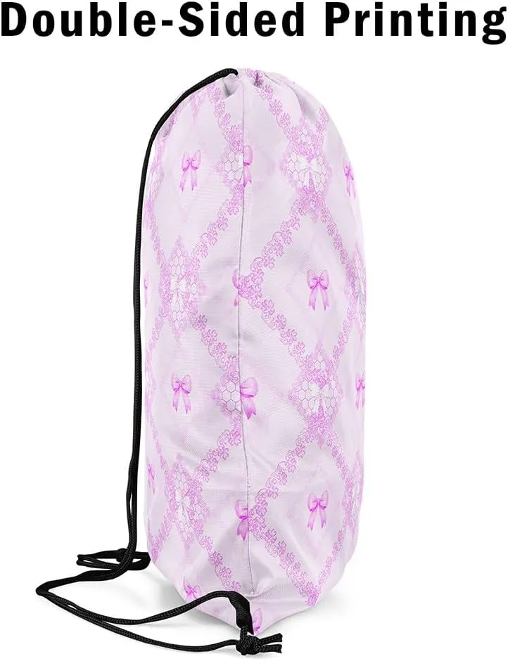 Purple Bowknots Drawstring Backpack,Princess Lace Bow Western Mandala Floral Drawstring Bags Shoulder Bag,Dreamy Purple Grids Diamonds Patchwork Draw String Bag for Picnic Gym Sport Travel