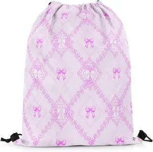 Purple Bowknots Drawstring Backpack,Princess Lace Bow Western Mandala Floral Drawstring Bags Shoulder Bag,Dreamy Purple Grids Diamonds Patchwork Draw String Bag for Picnic Gym Sport Travel