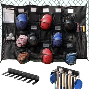 QBA Baseball Dugout Organizer, Heavy Duty 14 Bats Holder and 15 Baseball Helmets Bag for Dugout Fence Garage