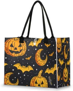 QsirBC Starry Moon Pumpkin Lamp Bat Large Beach Tote Bag for Women Adequate Capacity Kitchen Reusable Grocery Bag with Inner Zipper Pocket Travel Tote Handbag for Beach Pool Shopping Daily Use