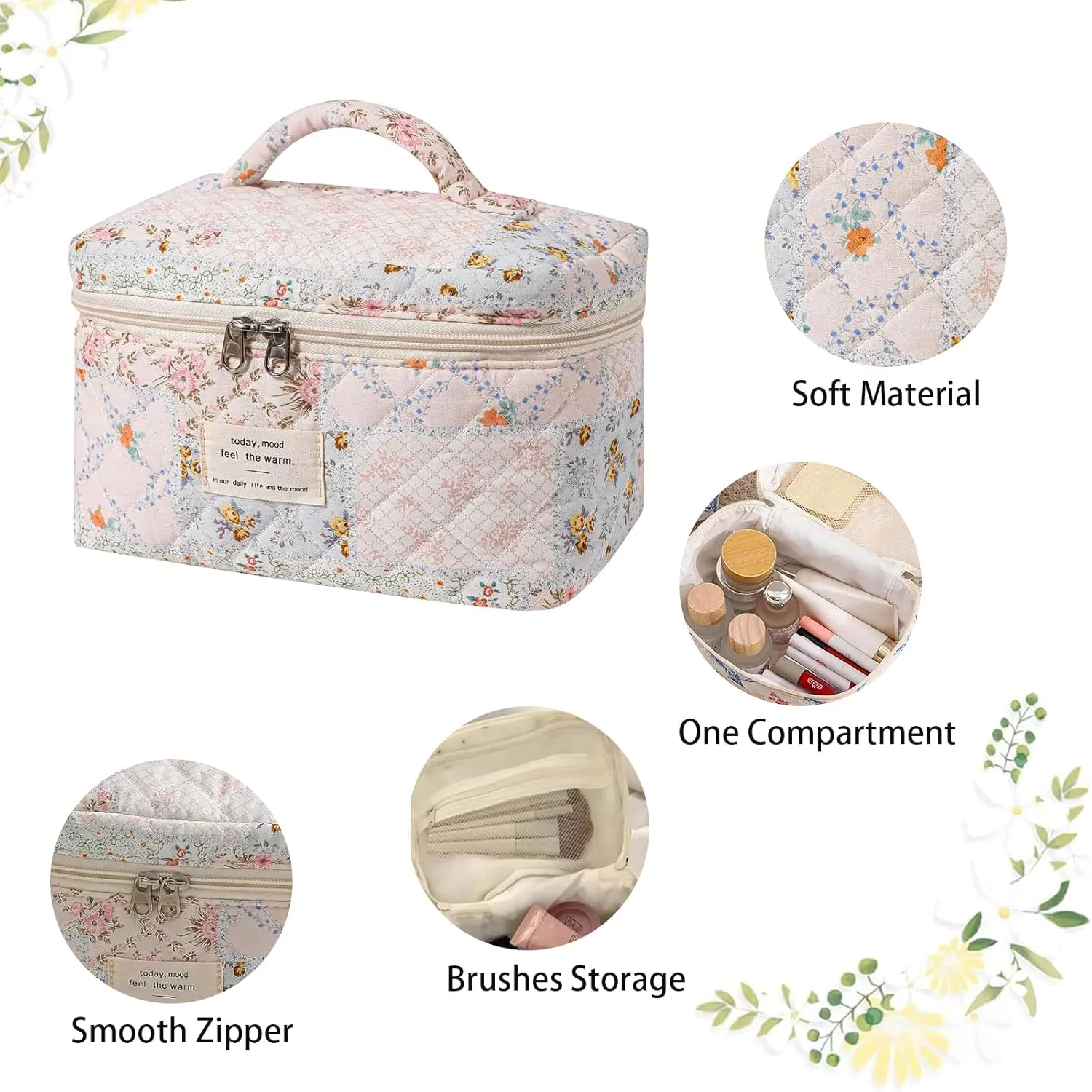 Quilted Makeup Bag, Cute Cosmetic Bags for Women,Large Floral Make Up Bag, Coquette Aesthetic Flower Travel Toiletry Bag,Irregular Patchwork Makeup Bag