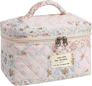 Quilted Makeup Bag, Cute Cosmetic Bags for Women,Large Floral Make Up Bag, Coquette Aesthetic Flower Travel Toiletry Bag,Irregular Patchwork Makeup Bag