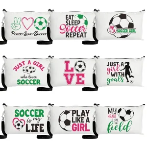 R HORSE 9Pcs Soccer Makeup Bag Inspirational Gifts for Women Girls, Football Canvas Cosmetic Toiletry Pouch Bag Christmas Birthday Gifts for Soccer Team Player Lover Fan