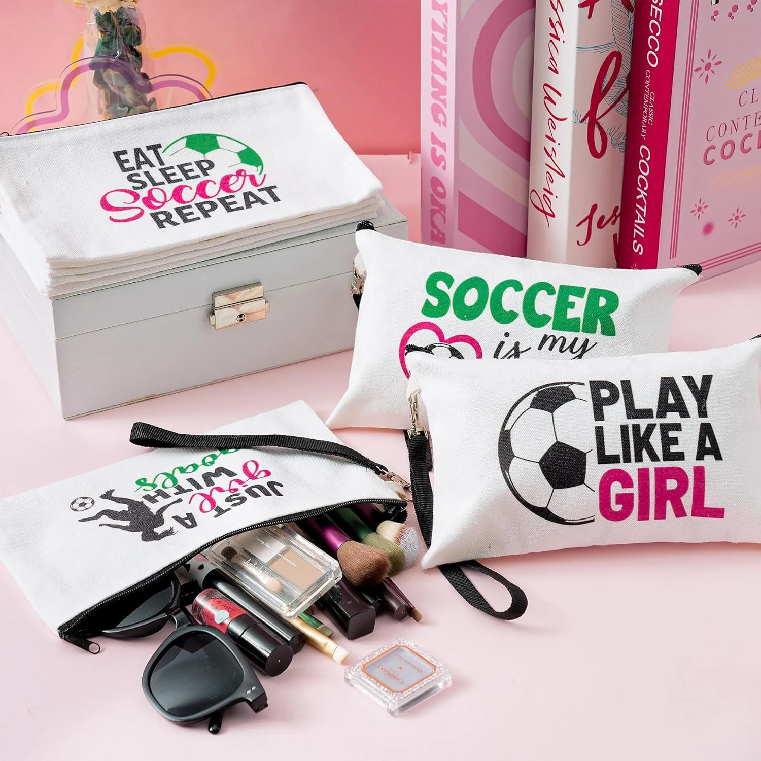R HORSE 9Pcs Soccer Makeup Bag Inspirational Gifts for Women Girls, Football Canvas Cosmetic Toiletry Pouch Bag Christmas Birthday Gifts for Soccer Team Player Lover Fan