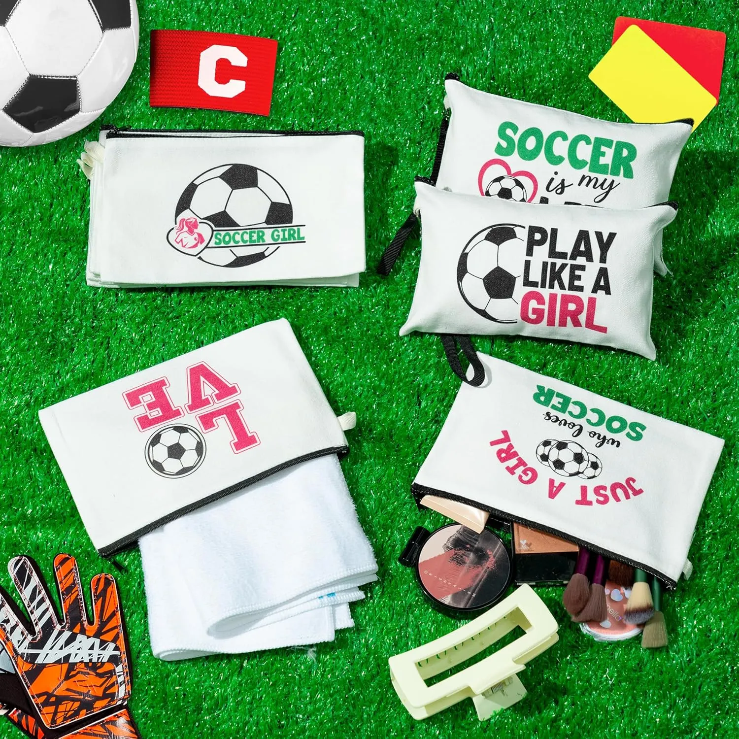 R HORSE 9Pcs Soccer Makeup Bag Inspirational Gifts for Women Girls, Football Canvas Cosmetic Toiletry Pouch Bag Christmas Birthday Gifts for Soccer Team Player Lover Fan