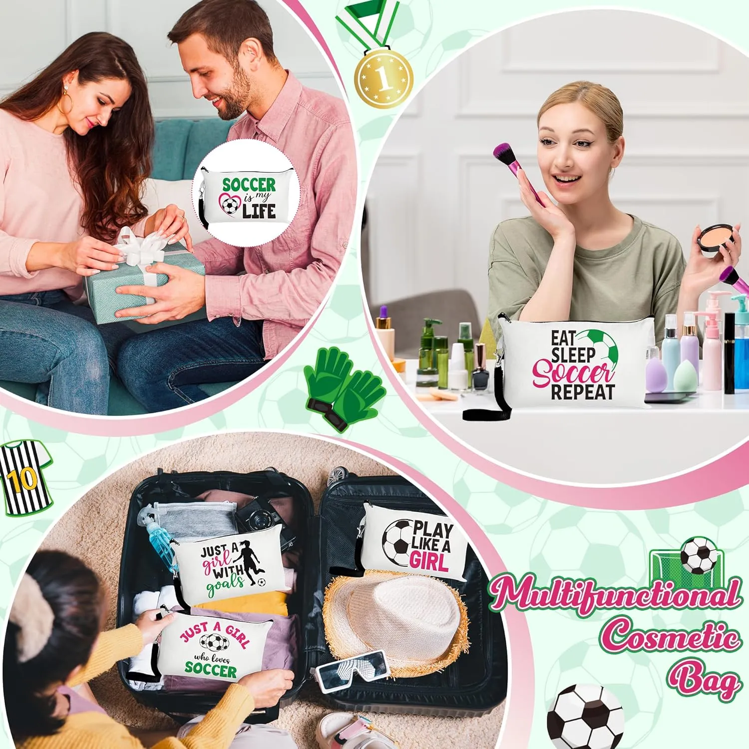 R HORSE 9Pcs Soccer Makeup Bag Inspirational Gifts for Women Girls, Football Canvas Cosmetic Toiletry Pouch Bag Christmas Birthday Gifts for Soccer Team Player Lover Fan