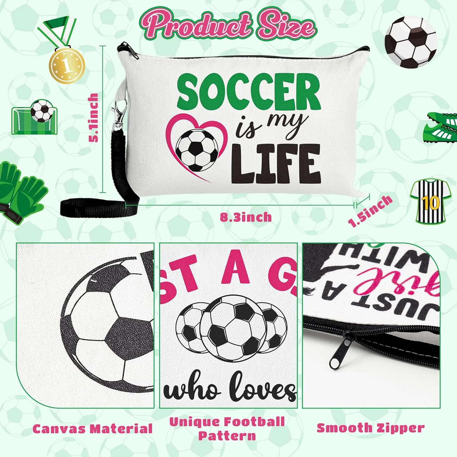 R HORSE 9Pcs Soccer Makeup Bag Inspirational Gifts for Women Girls, Football Canvas Cosmetic Toiletry Pouch Bag Christmas Birthday Gifts for Soccer Team Player Lover Fan