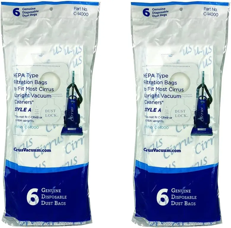 Replacement 12-Pack C-14000 Style A Upright Vacuum Cleaner Bags for Cirrus CR67C CR68 CR69 CR69A CR77C CR78 CR79 CR88 CR89 CR99 CR9100 P8000 P8500 P8500A P9000 Models