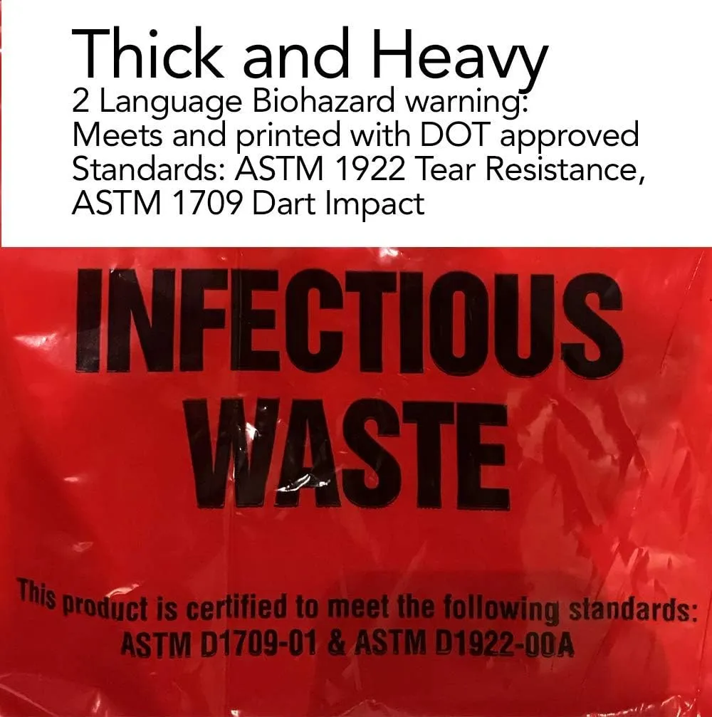Resilia Medical - Biohazard Bags - Hazardous Waste Disposal, Meets DOT ASTM Standards for Hospital Use, OSHA Approved, Red, 33 Gallon, 33" W x 39" L, 1.1 Mil, 0.0011 Inch, 1 Case of 200 Bags
