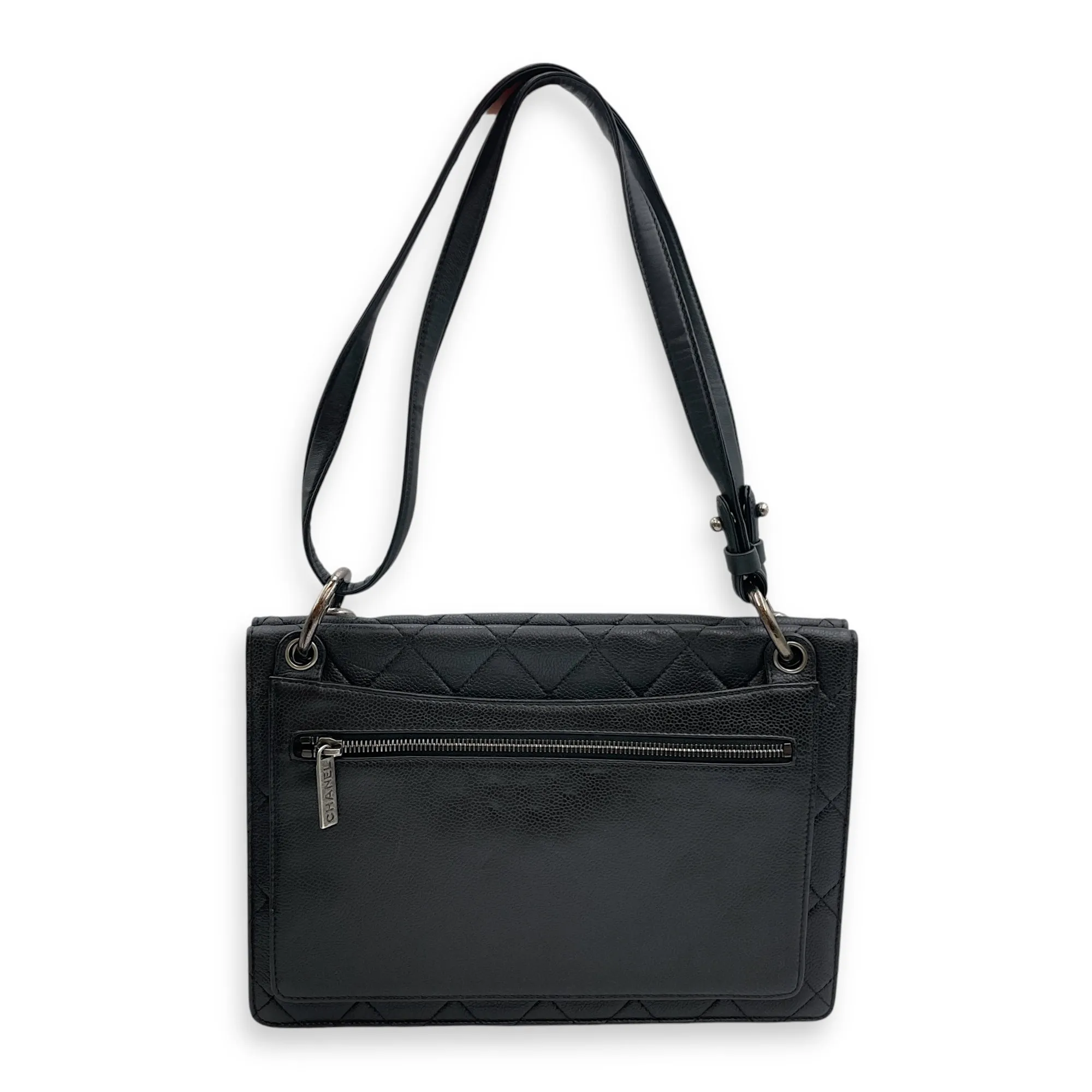 Retro Classic Flap Black Shoulder Bag in Caviar Leather, Ruthenium hardware