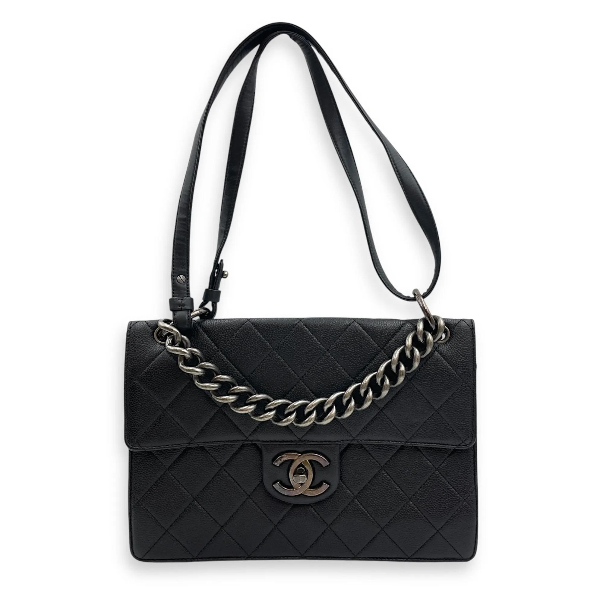 Retro Classic Flap Black Shoulder Bag in Caviar Leather, Ruthenium hardware