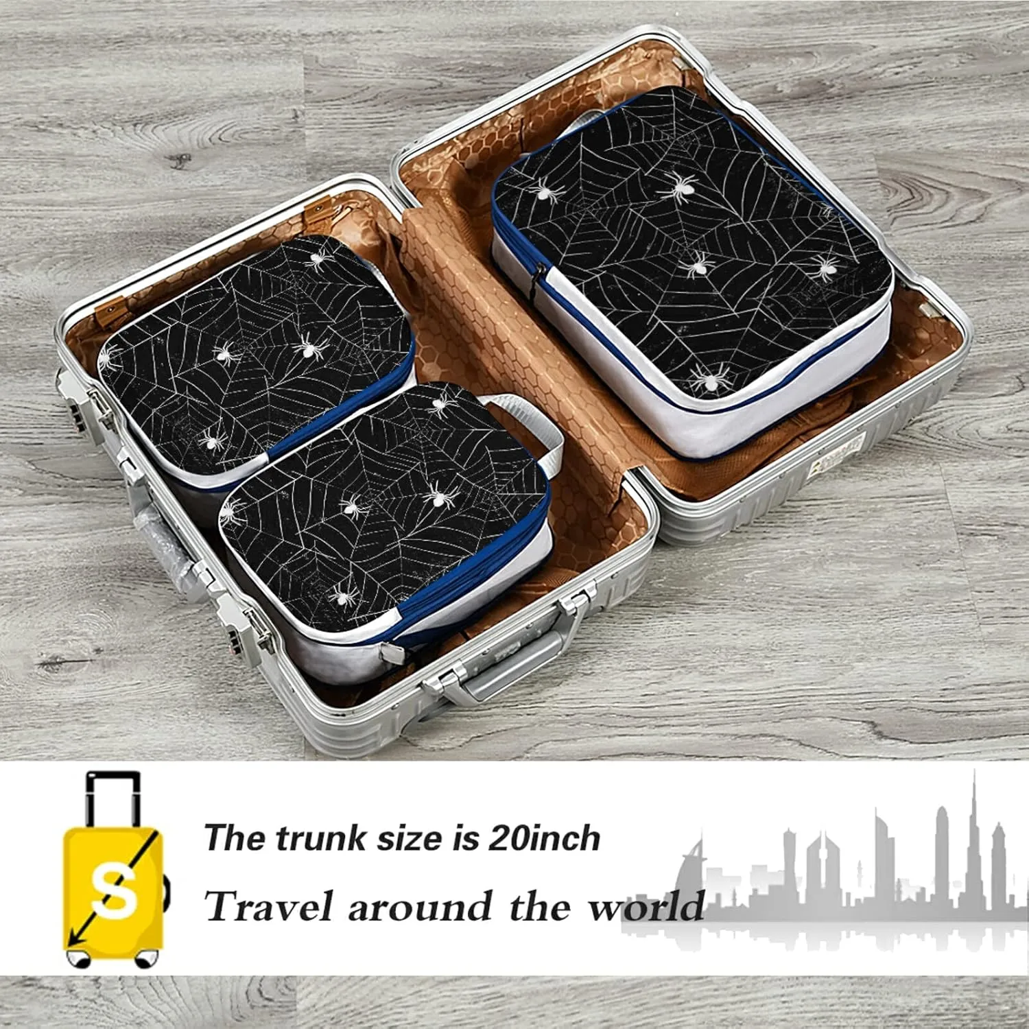 Retro Halloween Black White Spider Webs with White Spiders on Black 3 Piece set Cubes Expandable Adjustable Luggage Packing Bags, Ultralight Organizer Accessories Travel Suitcase Compressible Bags