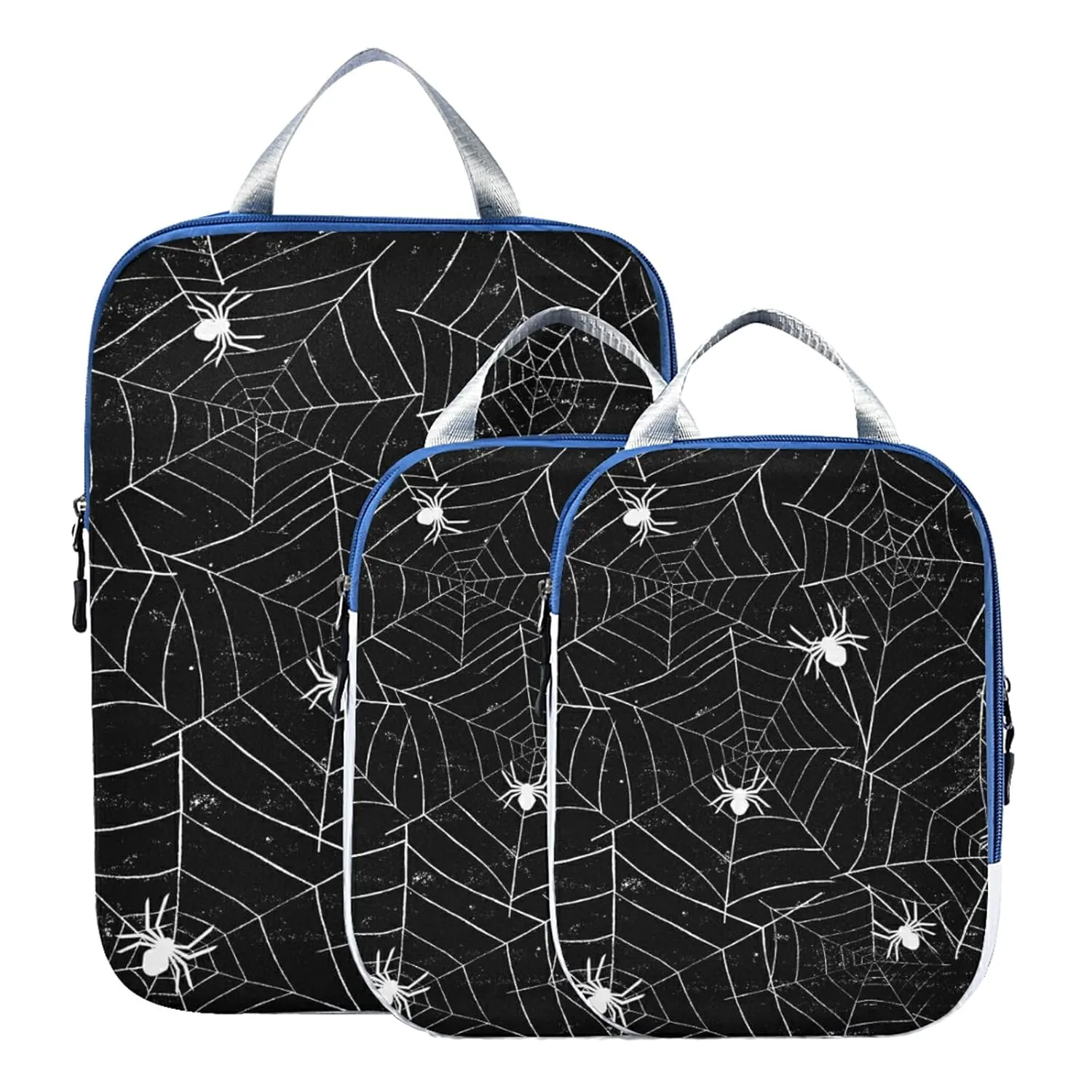 Retro Halloween Black White Spider Webs with White Spiders on Black 3 Piece set Cubes Expandable Adjustable Luggage Packing Bags, Ultralight Organizer Accessories Travel Suitcase Compressible Bags