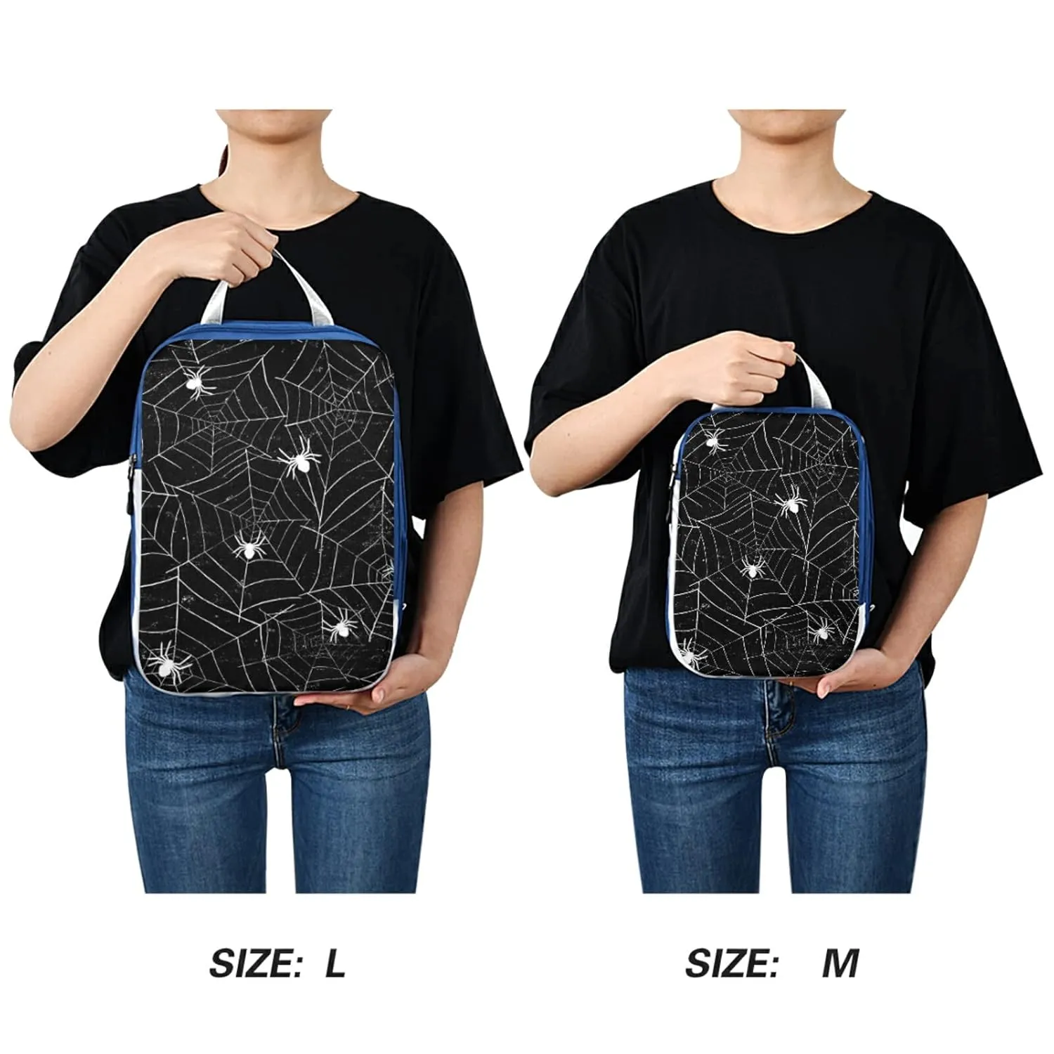 Retro Halloween Black White Spider Webs with White Spiders on Black 3 Piece set Cubes Expandable Adjustable Luggage Packing Bags, Ultralight Organizer Accessories Travel Suitcase Compressible Bags
