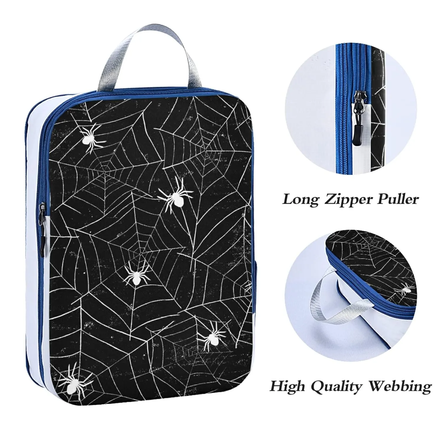 Retro Halloween Black White Spider Webs with White Spiders on Black 3 Piece set Cubes Expandable Adjustable Luggage Packing Bags, Ultralight Organizer Accessories Travel Suitcase Compressible Bags