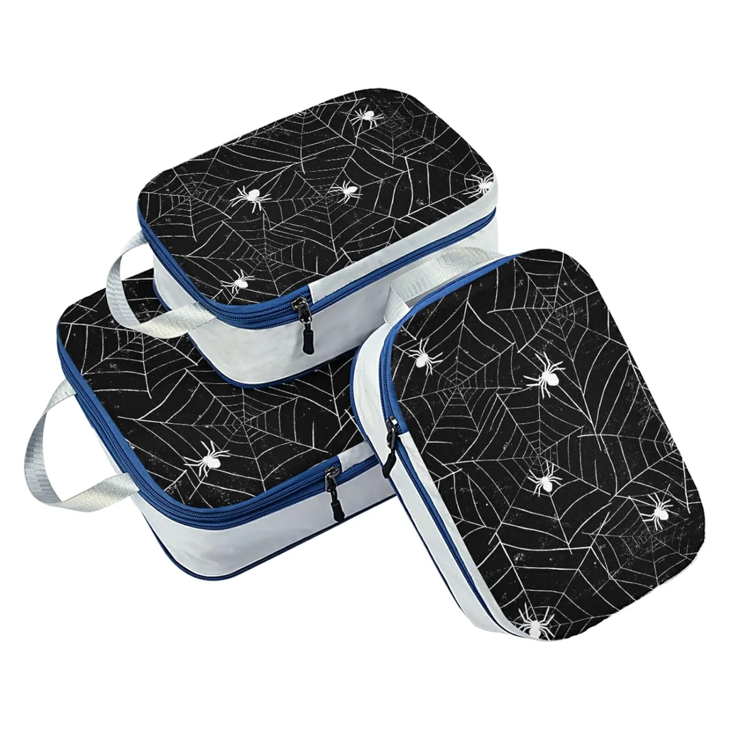 Retro Halloween Black White Spider Webs with White Spiders on Black 3 Piece set Cubes Expandable Adjustable Luggage Packing Bags, Ultralight Organizer Accessories Travel Suitcase Compressible Bags