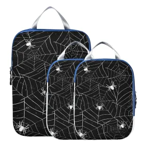 Retro Halloween Black White Spider Webs with White Spiders on Black 3 Piece set Cubes Expandable Adjustable Luggage Packing Bags, Ultralight Organizer Accessories Travel Suitcase Compressible Bags