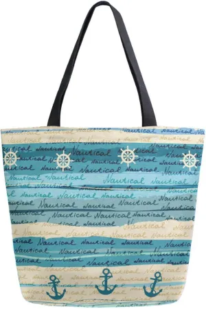 Retro Summer Nautical Canvas Tote Bag Vintage Anchor Wheels Women Shoulder Bag Reusable Grocery Bags Large Handbag Travel Shopping Bag for School Nursing Gift Outdoors