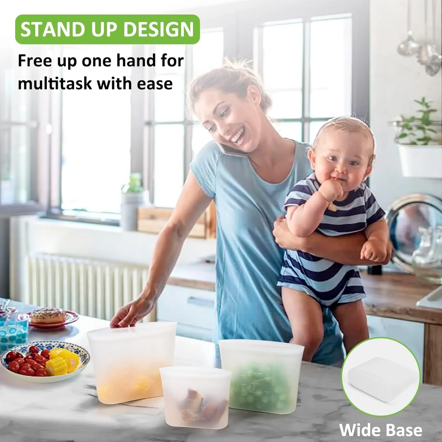 Reusable Storage Bag, 12 Pack 100% Silicone Food Storage Bags Stand Up Silicone Zip Lock Bags for Food Container, Freezer Microwave Oven Dishwasher Safe, 4 Large 4 Medium 4 Small, Translucent