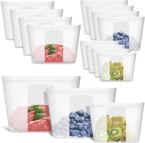 Reusable Storage Bag, 12 Pack 100% Silicone Food Storage Bags Stand Up Silicone Zip Lock Bags for Food Container, Freezer Microwave Oven Dishwasher Safe, 4 Large 4 Medium 4 Small, Translucent
