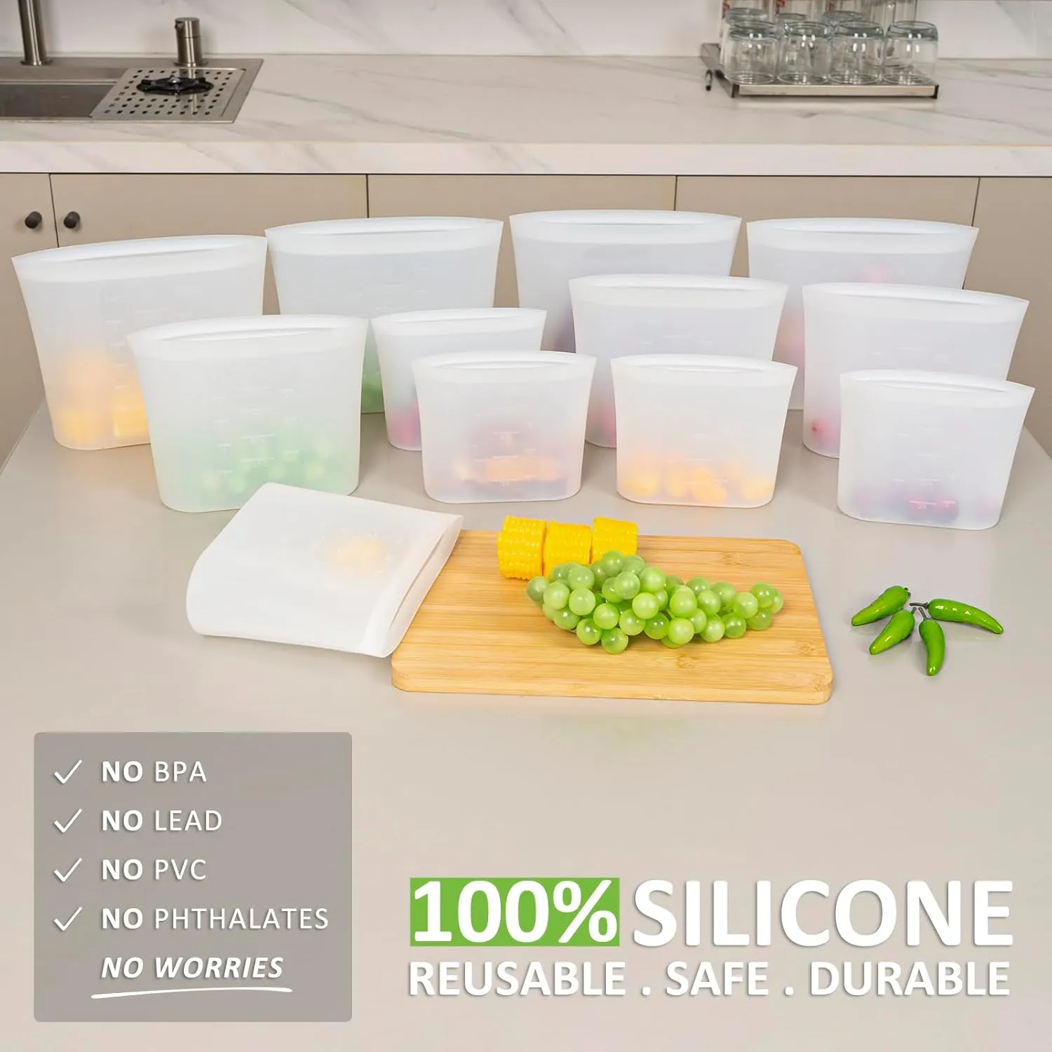 Reusable Storage Bag, 12 Pack 100% Silicone Food Storage Bags Stand Up Silicone Zip Lock Bags for Food Container, Freezer Microwave Oven Dishwasher Safe, 4 Large 4 Medium 4 Small, Translucent