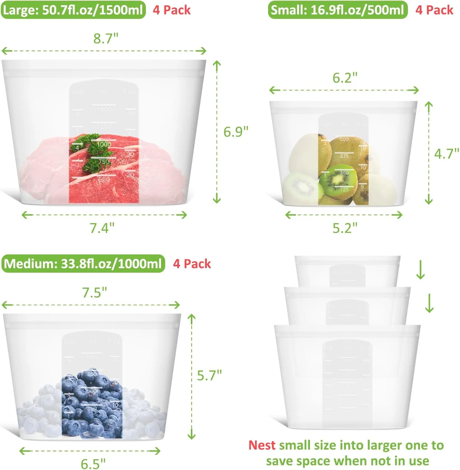 Reusable Storage Bag, 12 Pack 100% Silicone Food Storage Bags Stand Up Silicone Zip Lock Bags for Food Container, Freezer Microwave Oven Dishwasher Safe, 4 Large 4 Medium 4 Small, Translucent