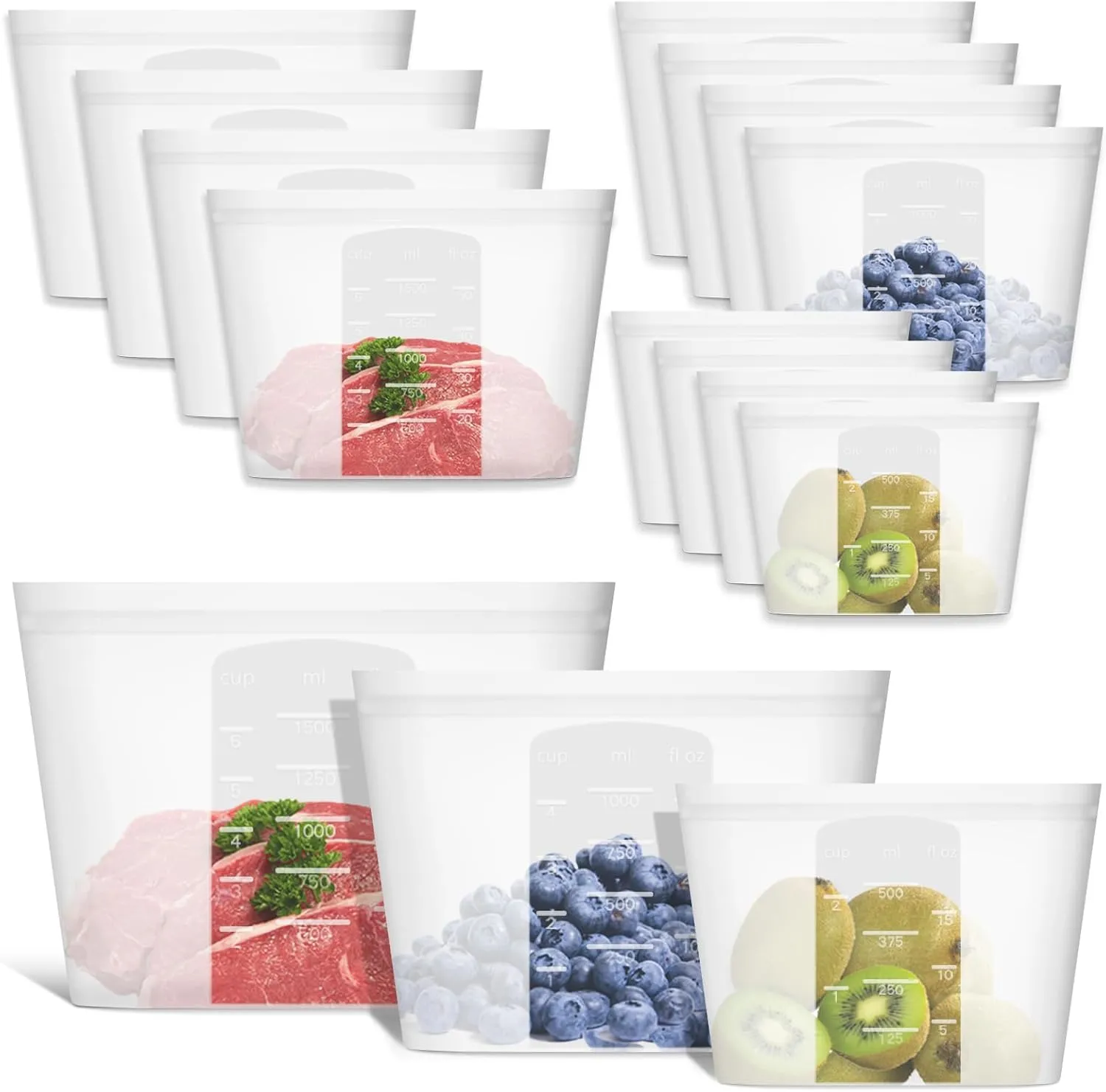 Reusable Storage Bag, 12 Pack 100% Silicone Food Storage Bags Stand Up Silicone Zip Lock Bags for Food Container, Freezer Microwave Oven Dishwasher Safe, 4 Large 4 Medium 4 Small, Translucent