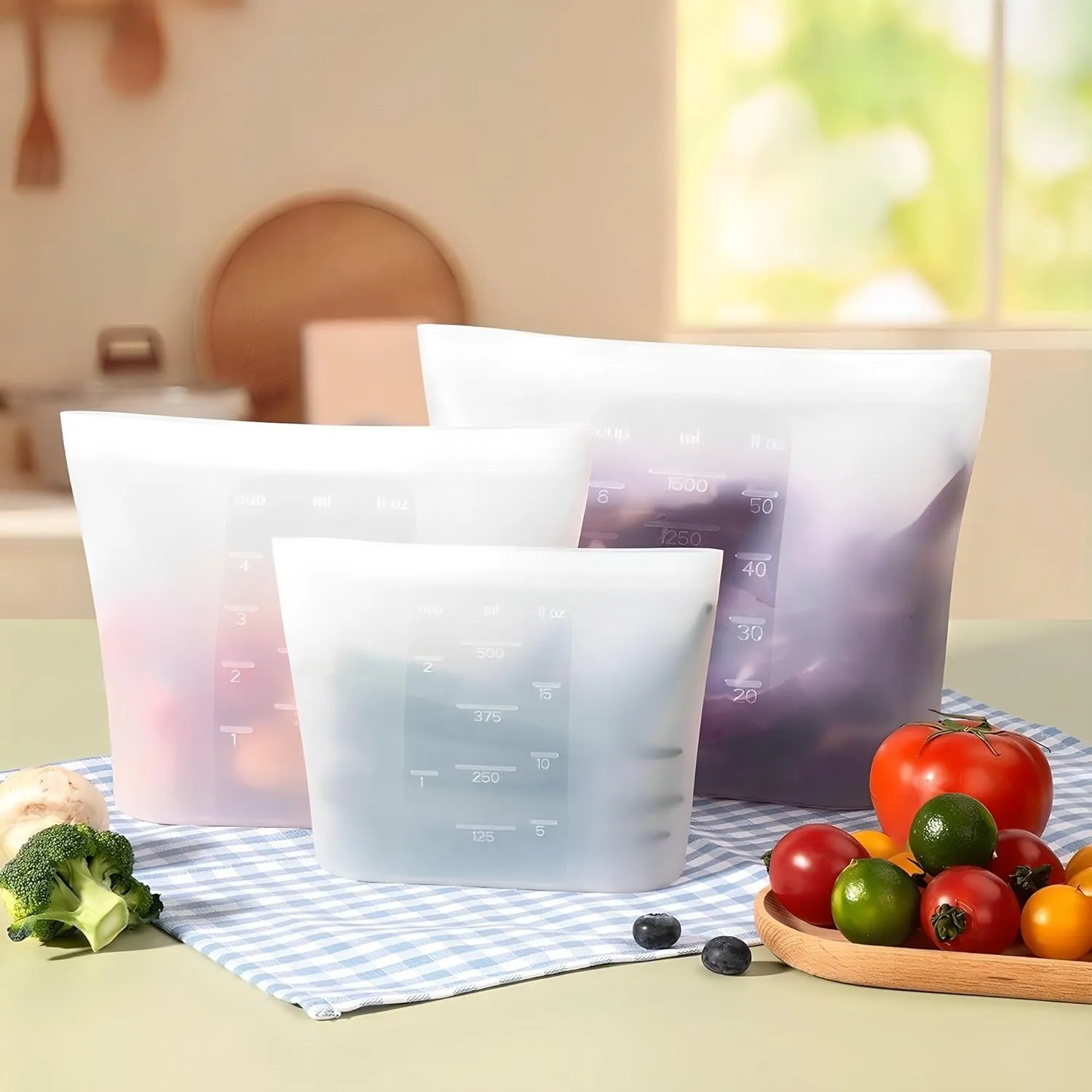 Reusable Storage Bag, 12 Pack 100% Silicone Food Storage Bags Stand Up Silicone Zip Lock Bags for Food Container, Freezer Microwave Oven Dishwasher Safe, 4 Large 4 Medium 4 Small, Translucent