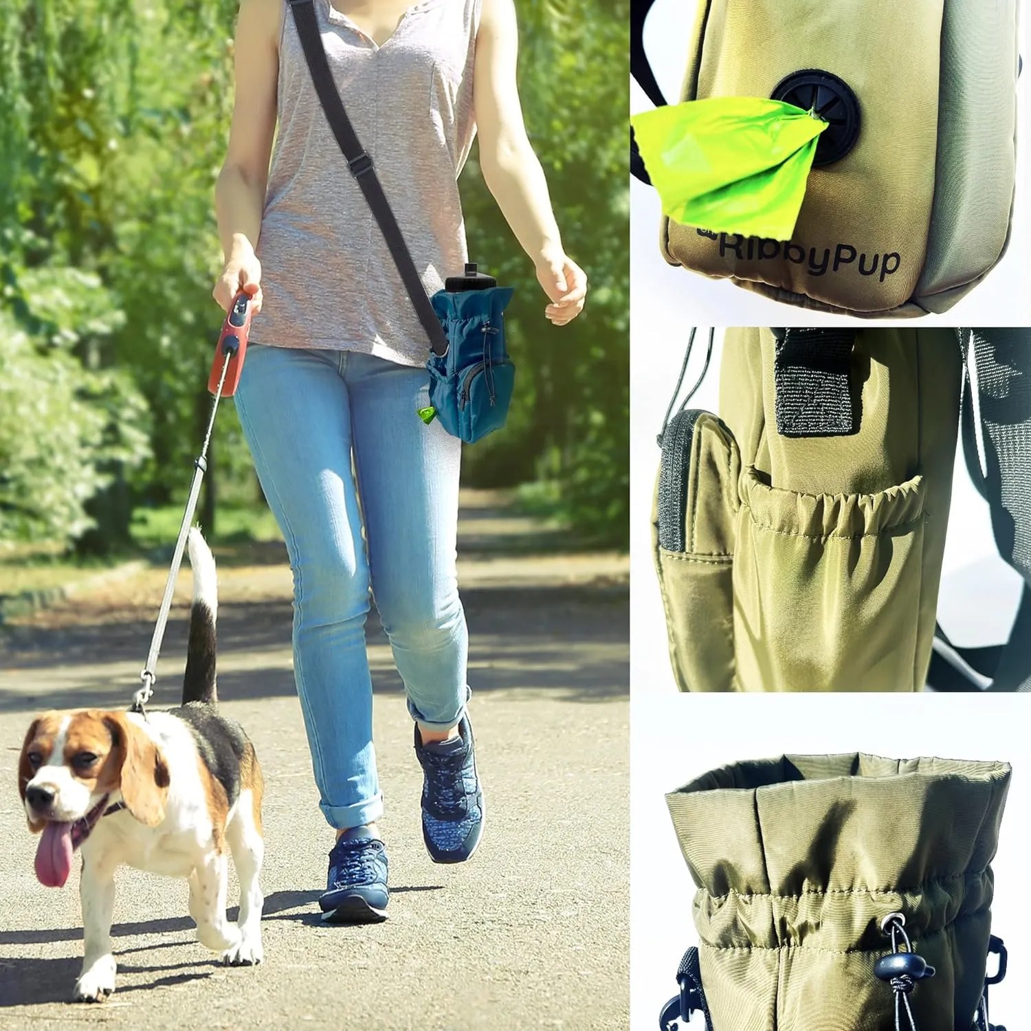 RibbyPup Waterproof Dog Walking Bag with Universal Water Bottle Holder, Built-In Poop Bag Dispenser, Unisex Cross-Body Treat Pouch - Army Green