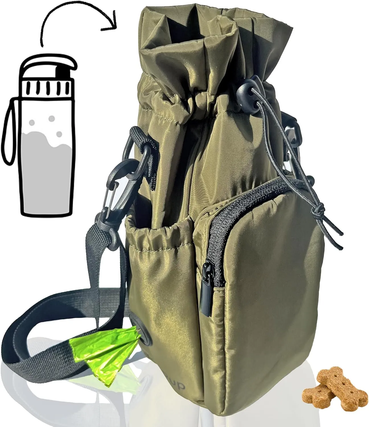 RibbyPup Waterproof Dog Walking Bag with Universal Water Bottle Holder, Built-In Poop Bag Dispenser, Unisex Cross-Body Treat Pouch - Army Green