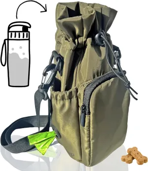 RibbyPup Waterproof Dog Walking Bag with Universal Water Bottle Holder, Built-In Poop Bag Dispenser, Unisex Cross-Body Treat Pouch - Army Green