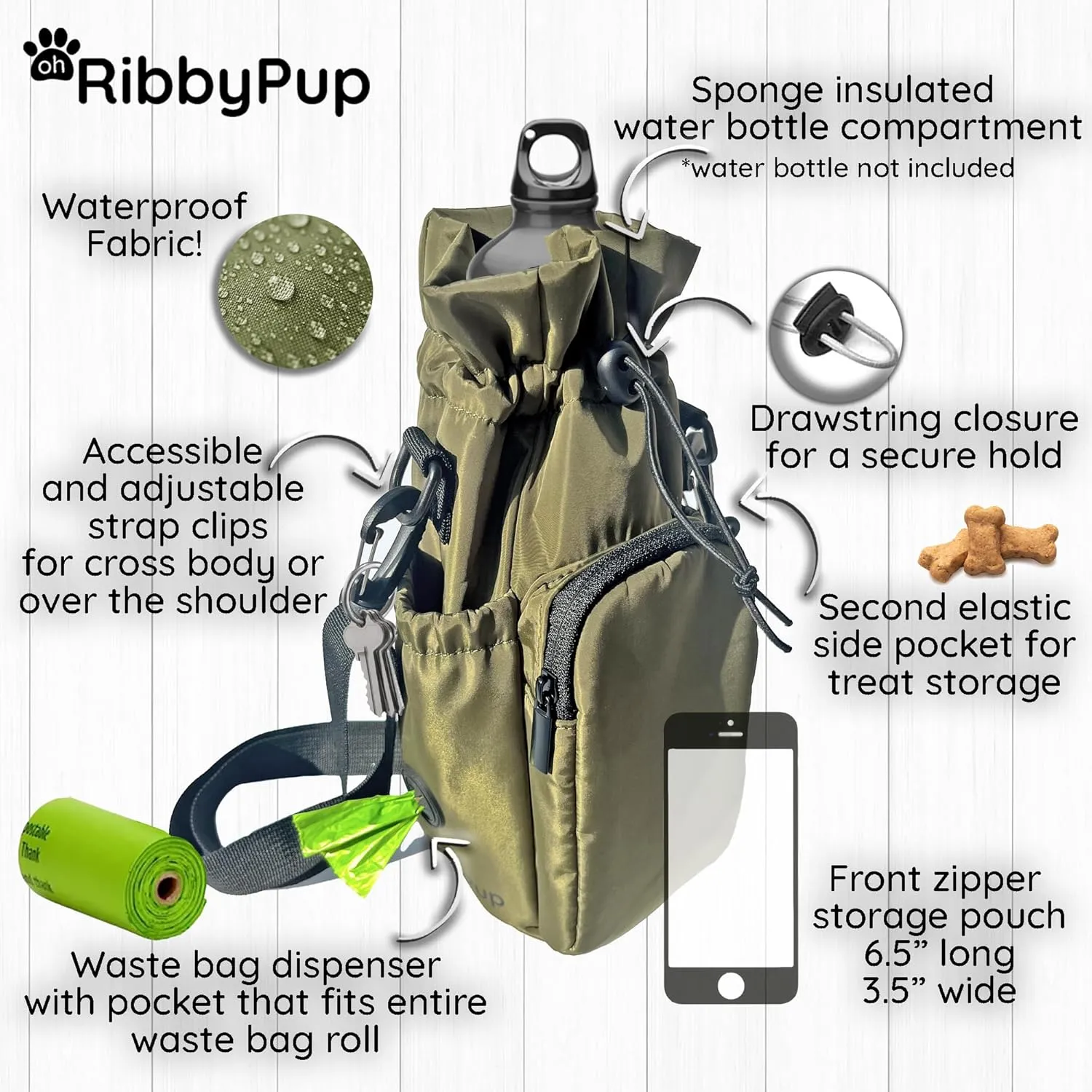 RibbyPup Waterproof Dog Walking Bag with Universal Water Bottle Holder, Built-In Poop Bag Dispenser, Unisex Cross-Body Treat Pouch - Army Green