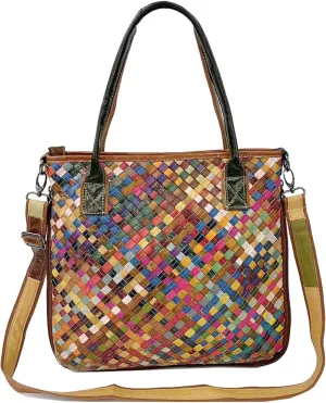 Riutiru Women's Mosaic Style Genuine Leather Handwoven Unique Style Diagonal Shoulder Handbag