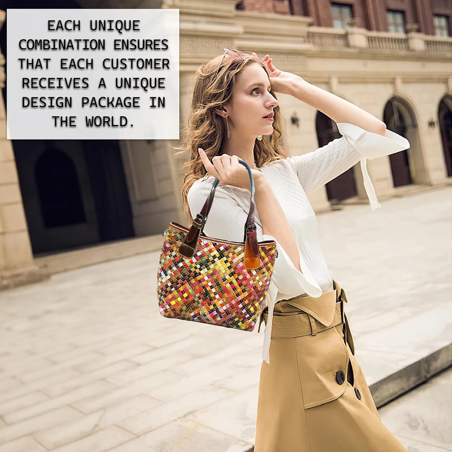 Riutiru Women's Mosaic Style Genuine Leather Handwoven Unique Style Diagonal Shoulder Handbag