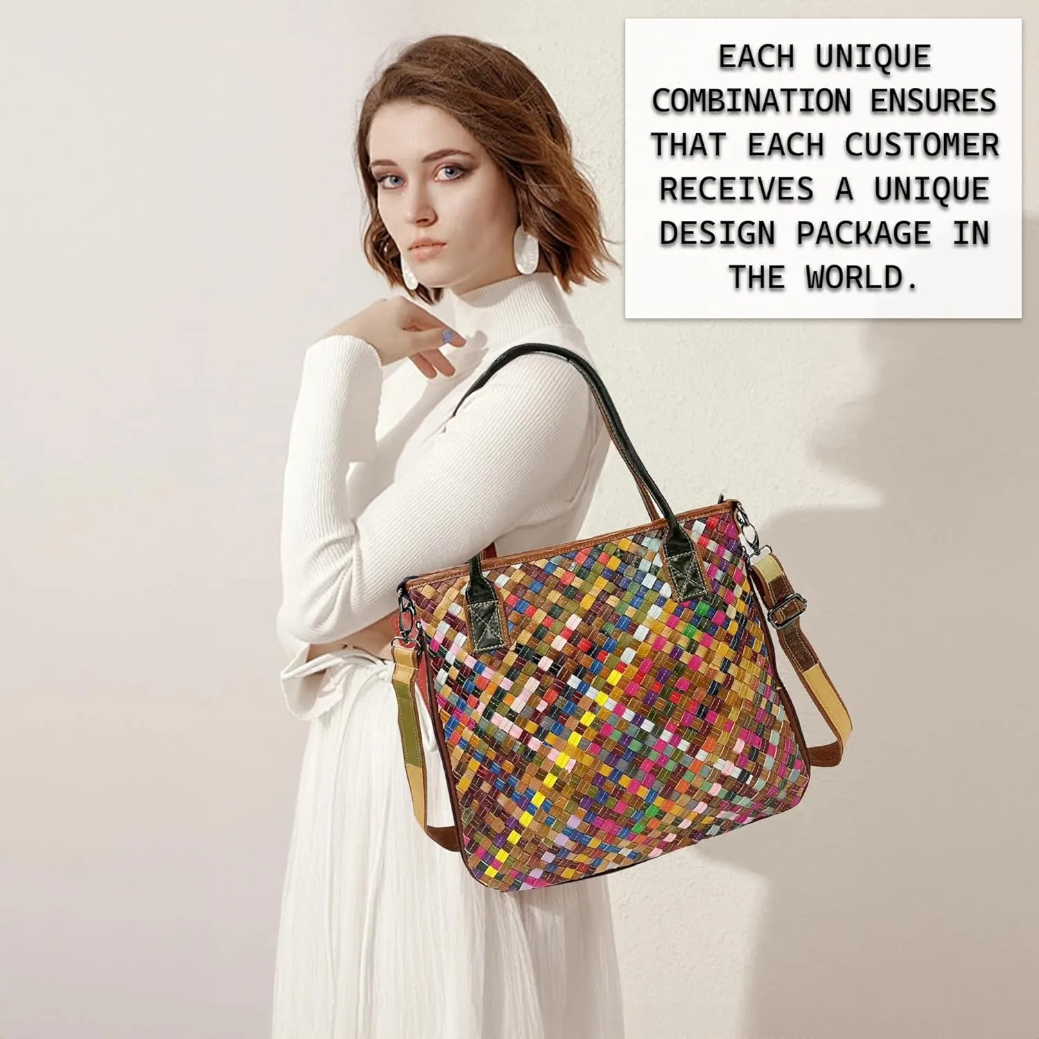Riutiru Women's Mosaic Style Genuine Leather Handwoven Unique Style Diagonal Shoulder Handbag