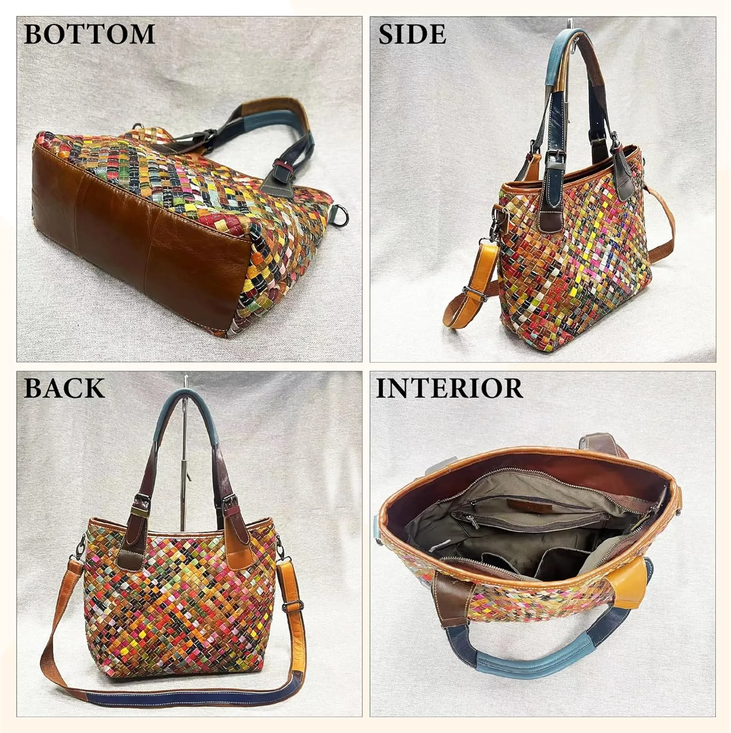 Riutiru Women's Mosaic Style Genuine Leather Handwoven Unique Style Diagonal Shoulder Handbag