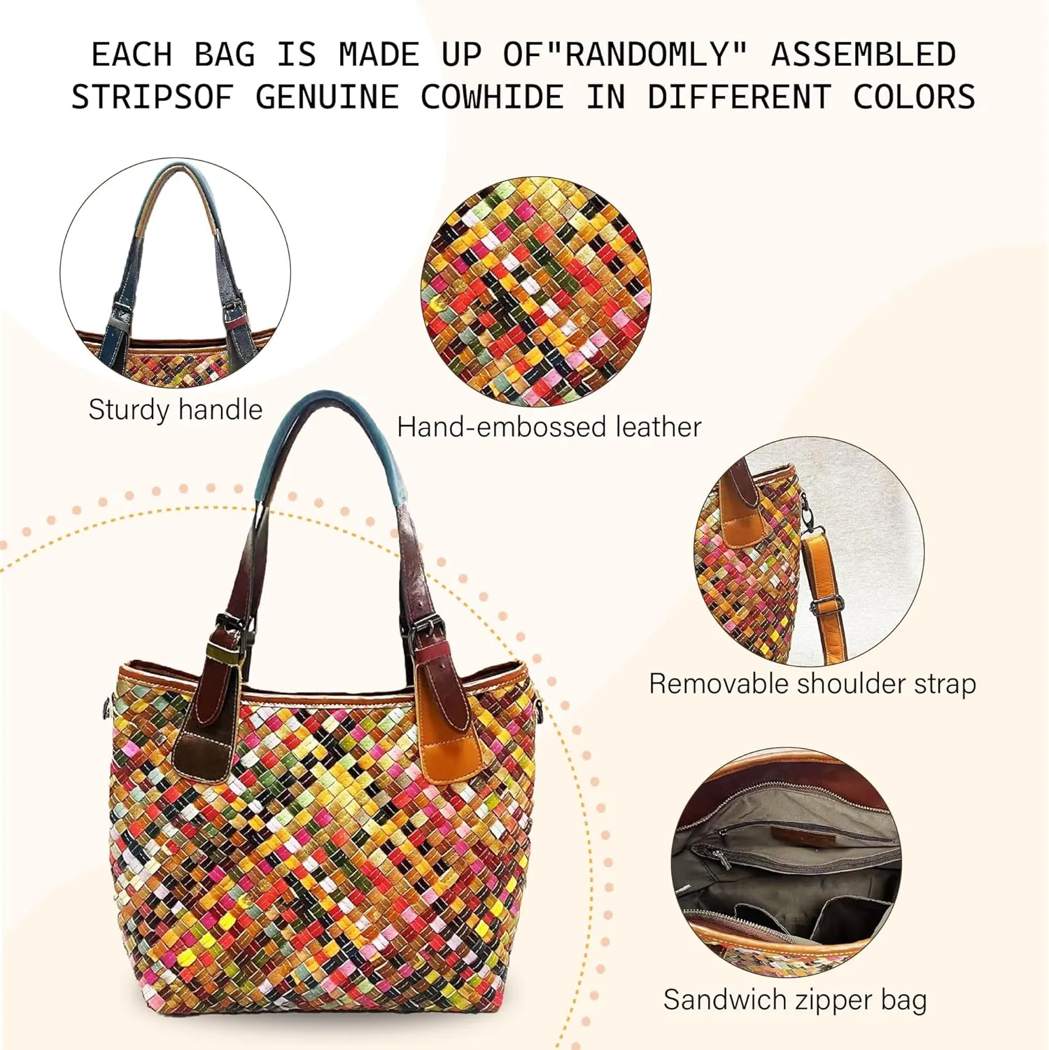 Riutiru Women's Mosaic Style Genuine Leather Handwoven Unique Style Diagonal Shoulder Handbag