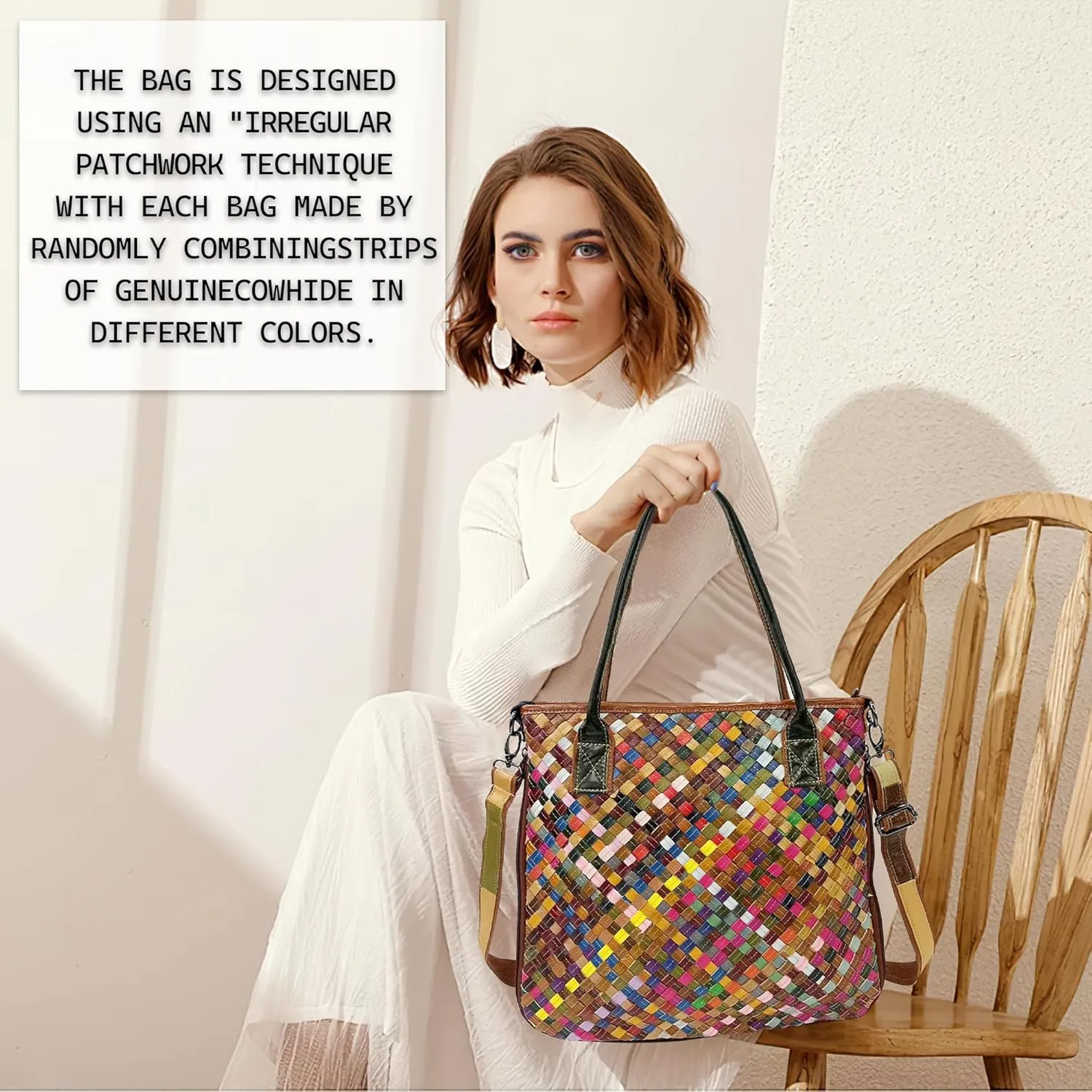 Riutiru Women's Mosaic Style Genuine Leather Handwoven Unique Style Diagonal Shoulder Handbag