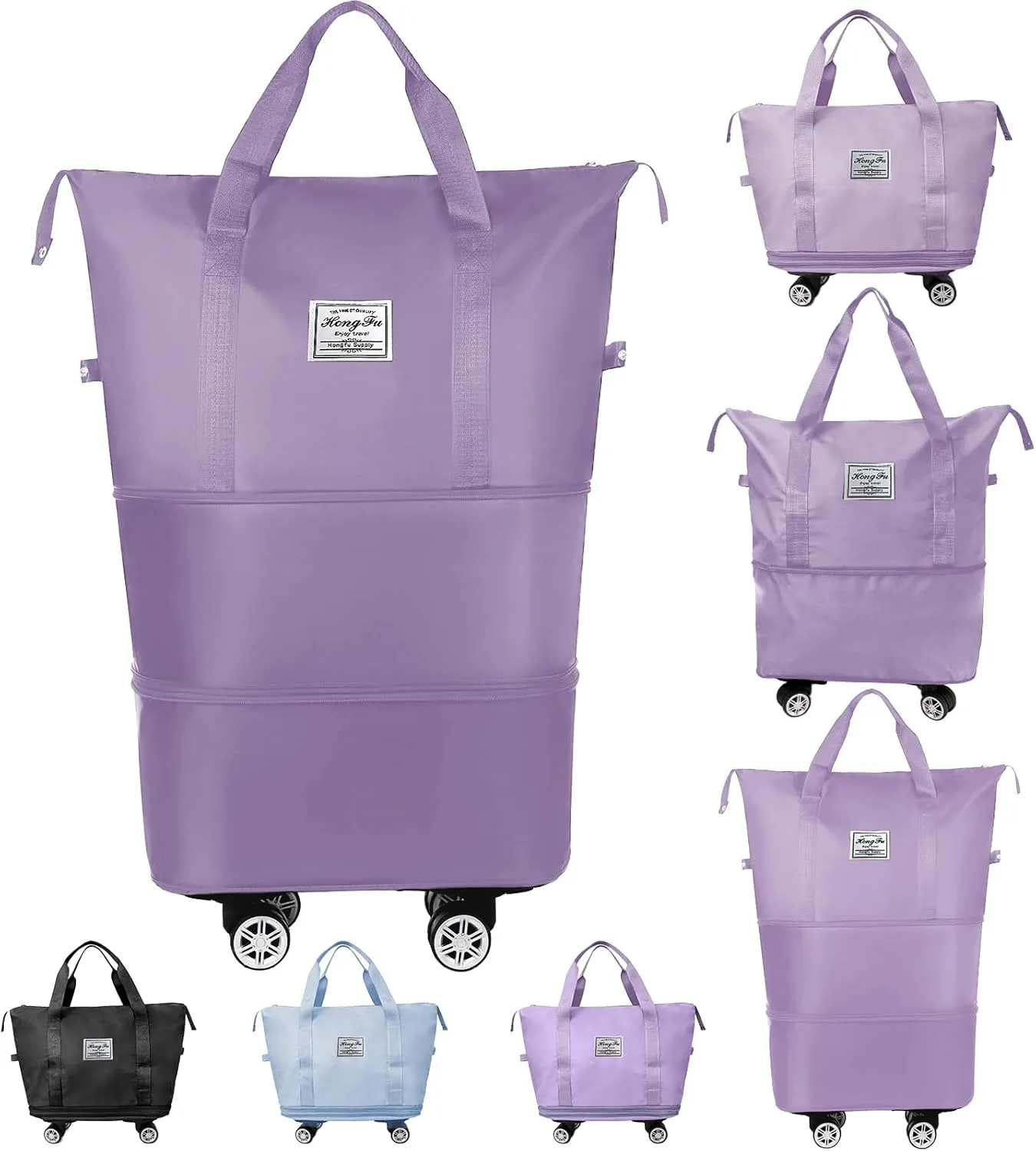Rolling Duffle Bag with Wheels and Handle, Expandable Travel Duffel Bag, Foldable Roller Bag, Carry on Rolling Tote Bag, Detachable Wheeled Duffle, Garment Bag, Luggage Bag, Weekend Bag, Purple