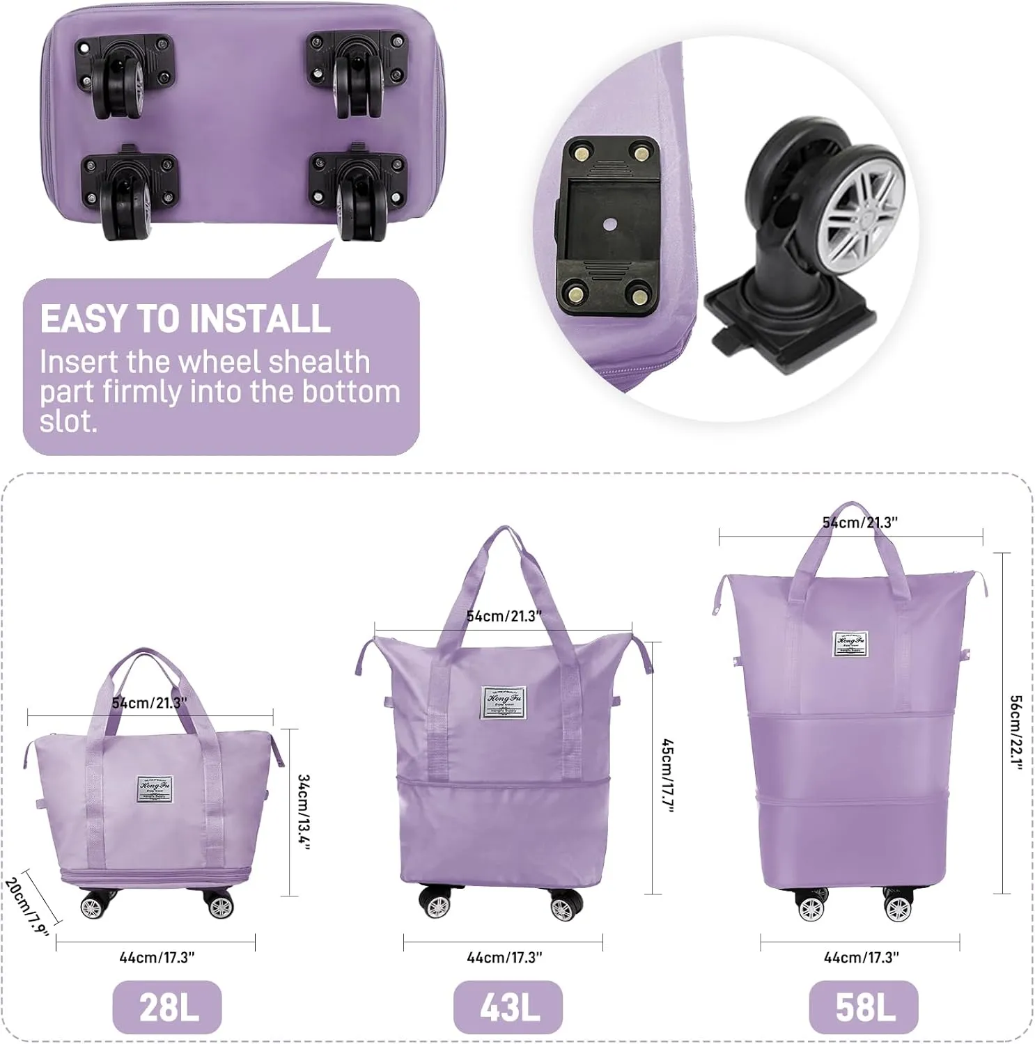 Rolling Duffle Bag with Wheels and Handle, Expandable Travel Duffel Bag, Foldable Roller Bag, Carry on Rolling Tote Bag, Detachable Wheeled Duffle, Garment Bag, Luggage Bag, Weekend Bag, Purple