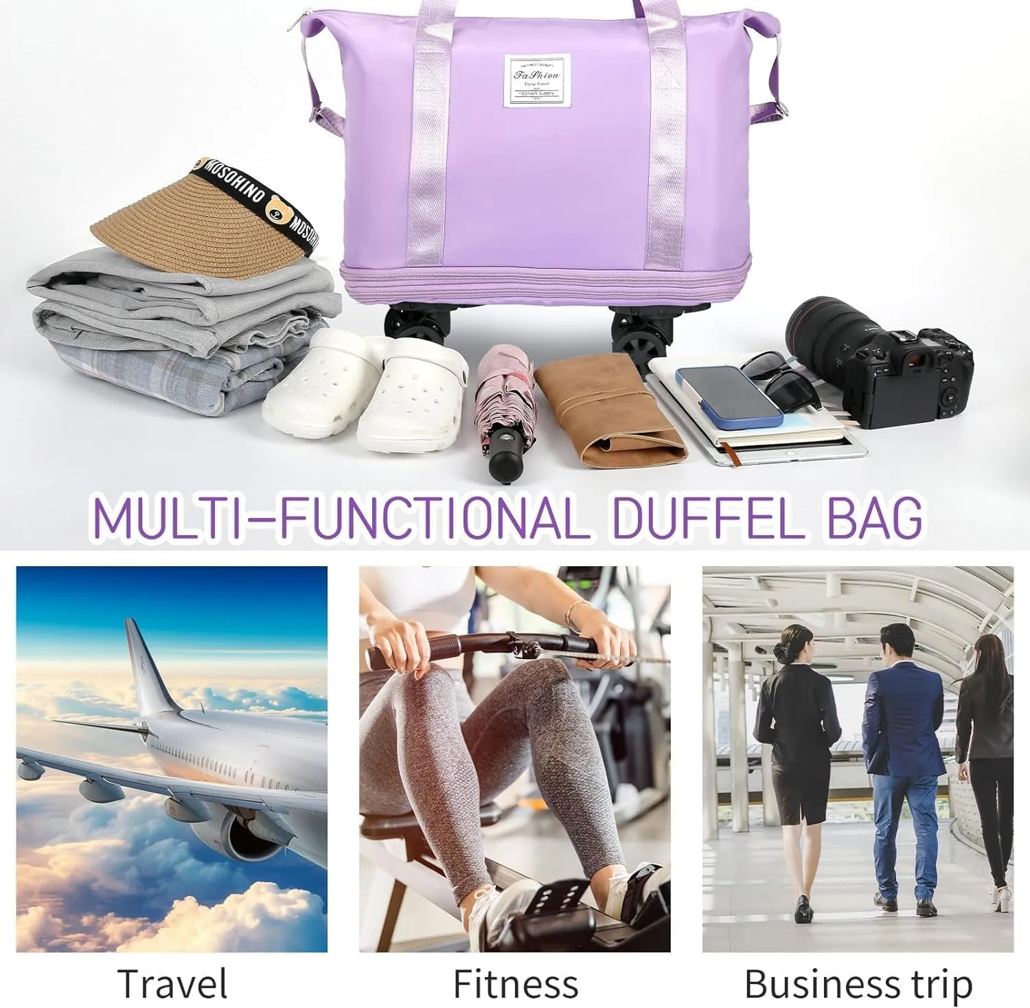Rolling Duffle Bag with Wheels, Expandable Foldable Duffle Bag with Wheels and Handle for Travel, Rolling Luggage bag Carry on Duffel Bag, Wheeled Travel Duffle Bag, Large Weekend Bag, Purple, L