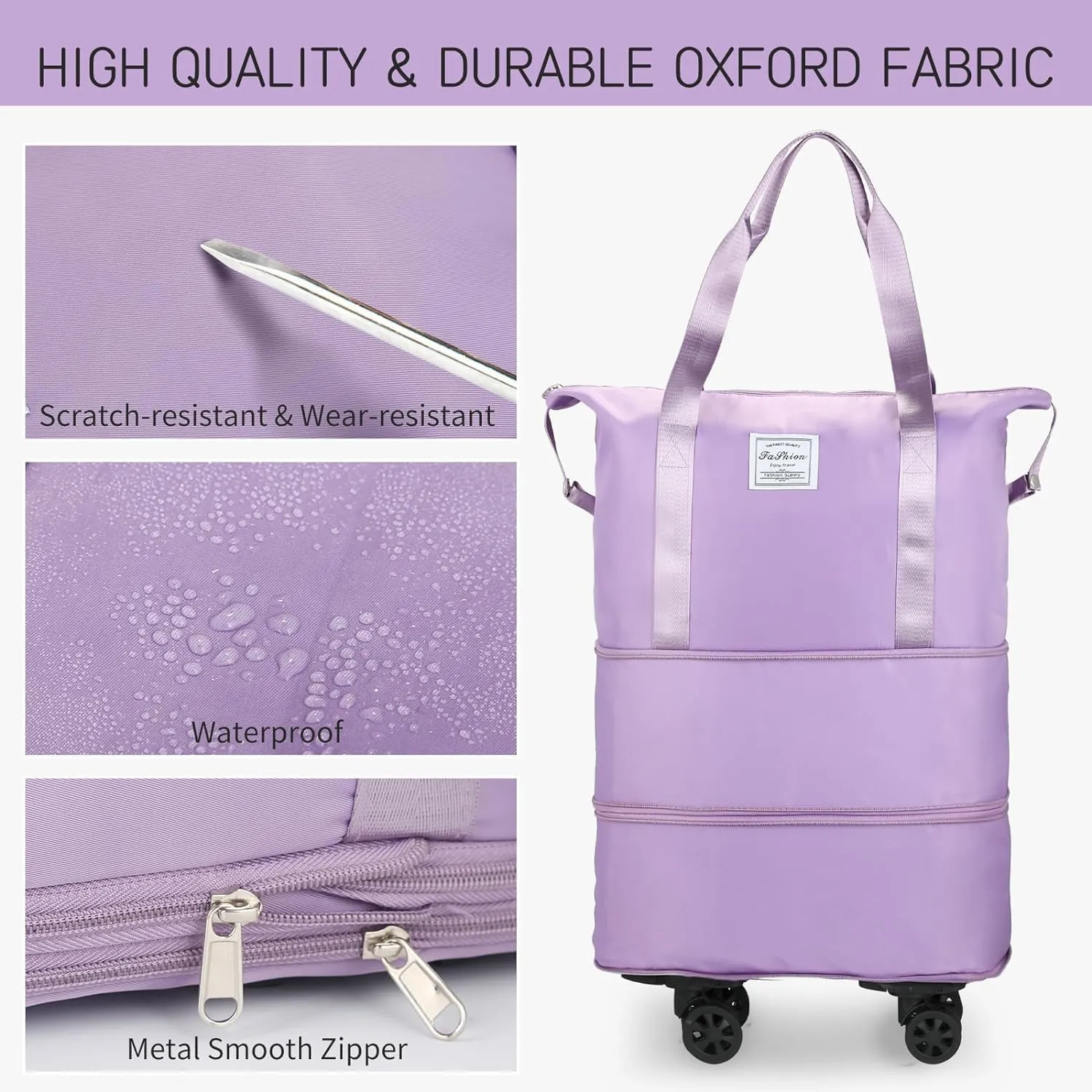 Rolling Duffle Bag with Wheels, Expandable Foldable Duffle Bag with Wheels and Handle for Travel, Rolling Luggage bag Carry on Duffel Bag, Wheeled Travel Duffle Bag, Large Weekend Bag, Purple, L