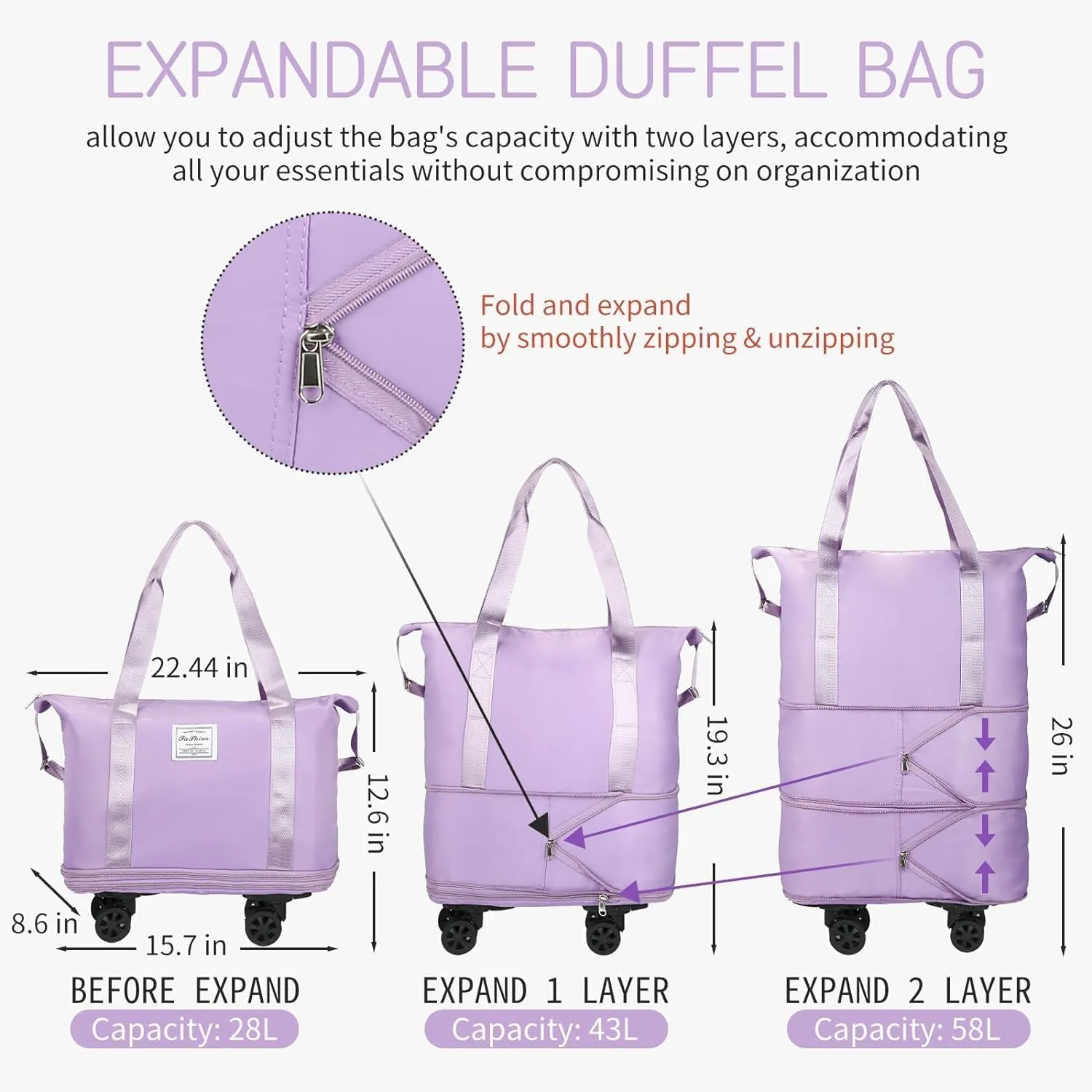 Rolling Duffle Bag with Wheels, Expandable Foldable Duffle Bag with Wheels and Handle for Travel, Rolling Luggage bag Carry on Duffel Bag, Wheeled Travel Duffle Bag, Large Weekend Bag, Purple, L
